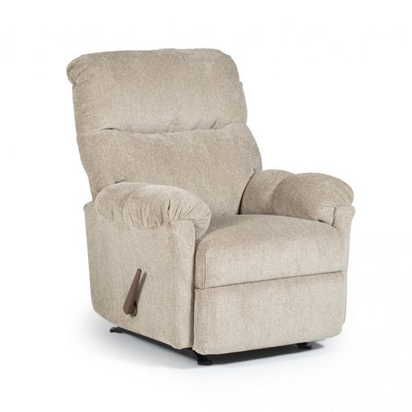 Beige upholstered recliner chair with padded arms and high back