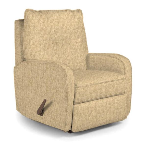 Beige upholstered recliner chair with padded arms and a side lever on a white background