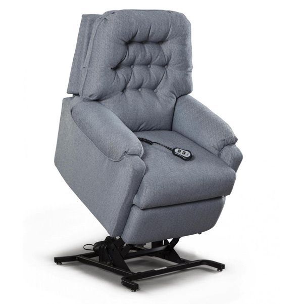 Gray power lift recliner chair with cushioned back and armrests on a black metal base
