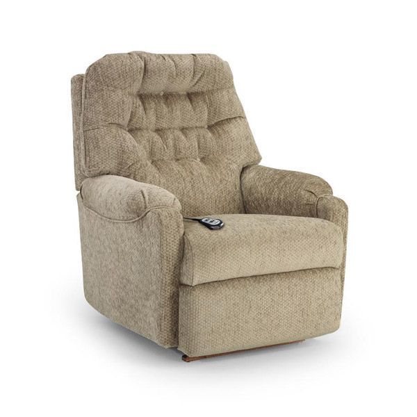 Beige upholstered recliner chair with padded arms and a remote on the seat