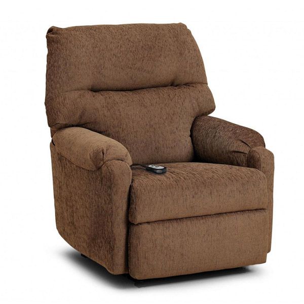 Brown upholstered recliner chair with a high back and cup holder in the armrest