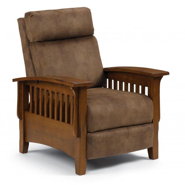 Brown wooden recliner chair with padded seat, back, and armrests on a white background