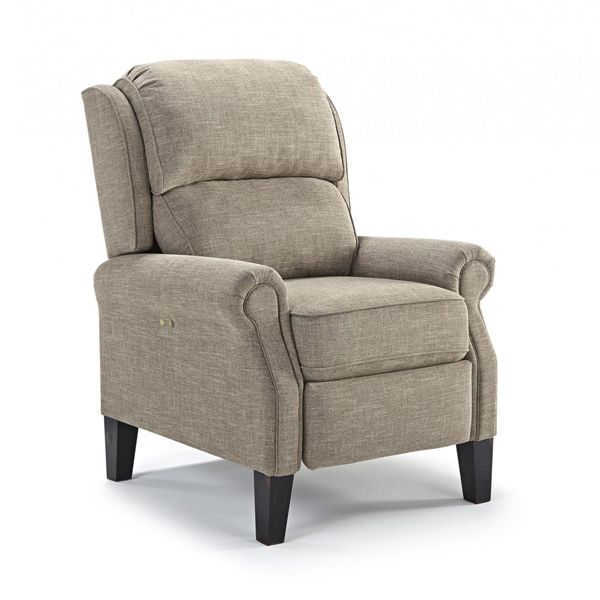Beige upholstered recliner chair with dark wooden legs on a white background