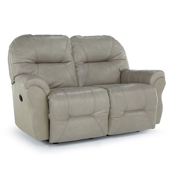Beige upholstered two-seat reclining loveseat on a white background