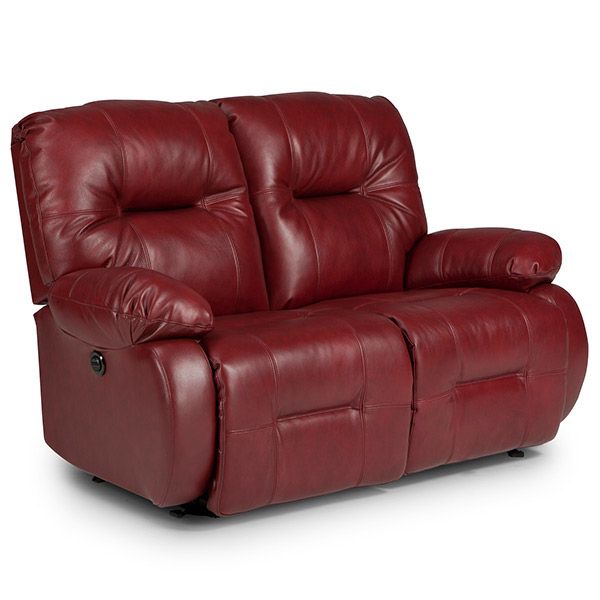 Red leather loveseat recliner with plush cushions and armrests, isolated on white background