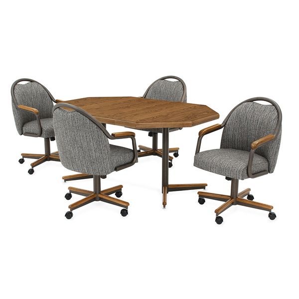 Round wooden meeting table with four gray swivel chairs on casters