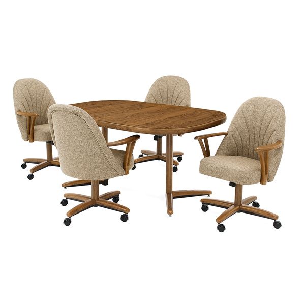Four beige upholstered dining chairs around a wooden oval table on casters, isolated on white background