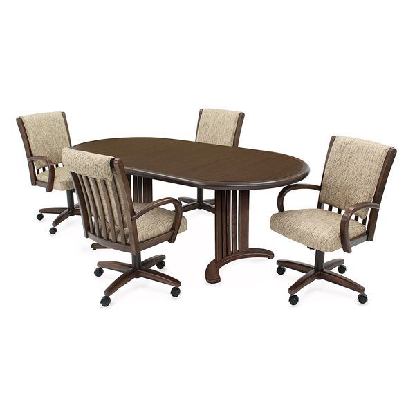 Oval wood conference table with four beige swivel chairs on casters
