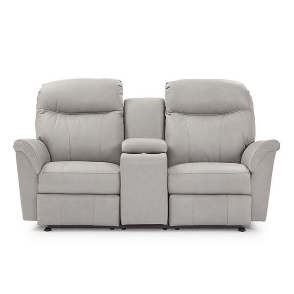 Gray two-seat recliner sofa with center console on a white background