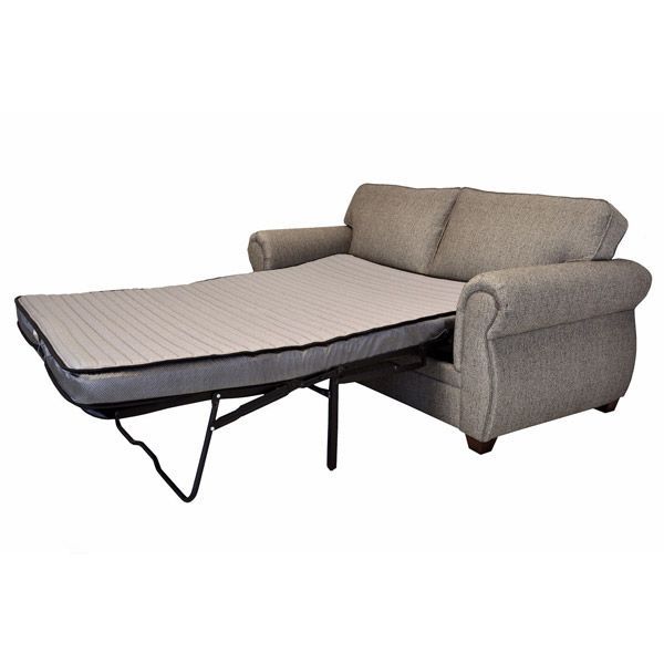 Gray sofa with pull-out bed extended, showing a beige mattress and black metal support frame