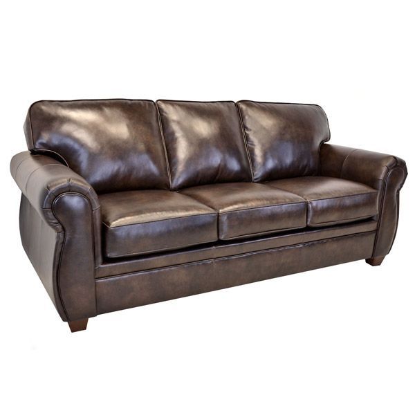 Dark brown leather sofa with three seat cushions and padded arms on a white background