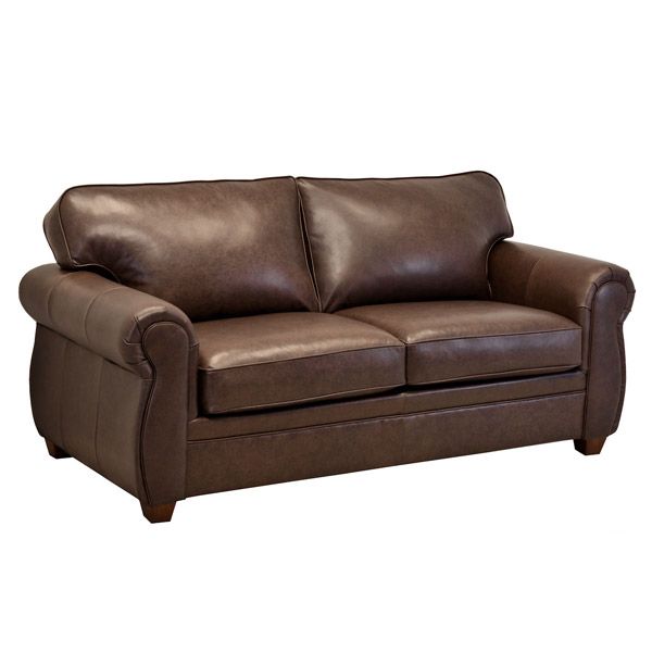 Brown leather loveseat sofa with two cushions and wide armrests