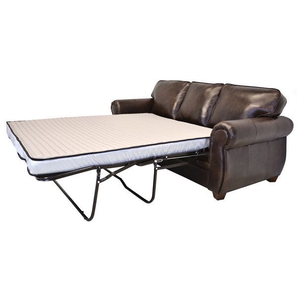 Brown leather sofa with pull-out bed and beige mattress, shown open on a white background