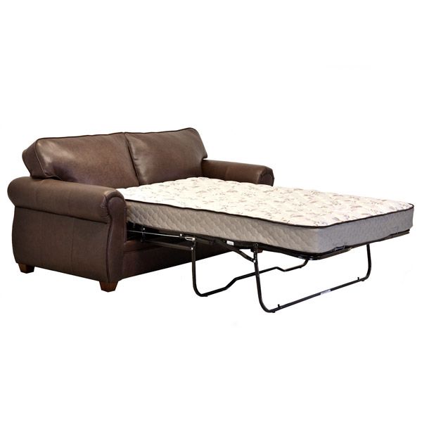 Brown sofa with pull-out bed and folded mattress extension