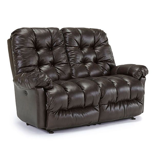 Brown leather tufted loveseat chair with cushioned arms on a white background