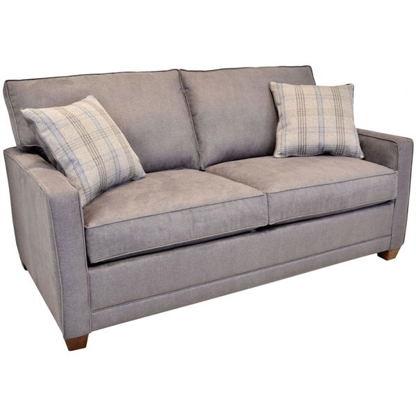 Gray two-seat sofa with plaid throw pillows and wooden legs