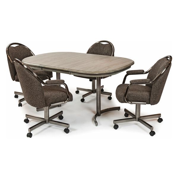 Brown conference table with four matching rolling chairs on a white background