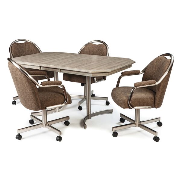 Round meeting table with four brown cushioned rolling chairs on a white background