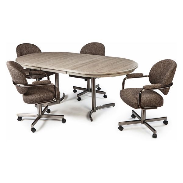 Round wooden conference table with four brown swivel office chairs on casters