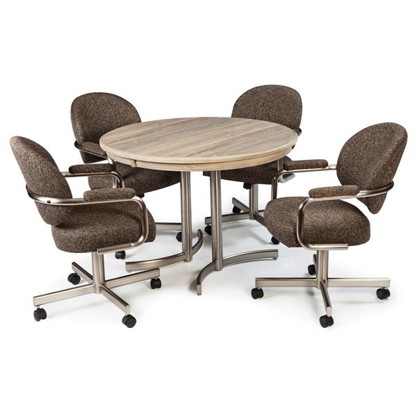 Round wooden conference table with four brown swivel chairs on a white background