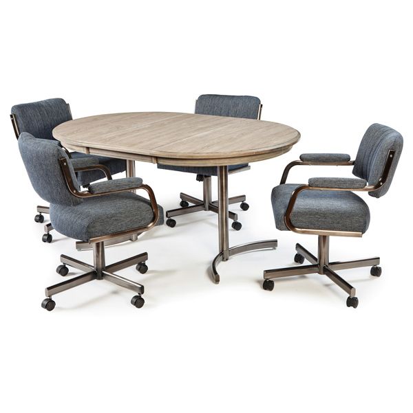 Round conference table with four gray swivel chairs on casters