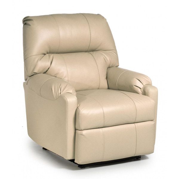 Beige leather recliner chair with padded back and armrests on a white background