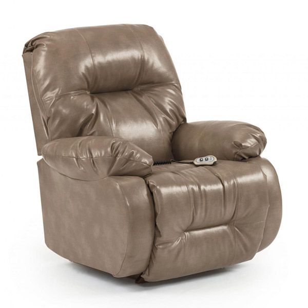 Brown leather recliner chair with padded arms and a remote control on the seat