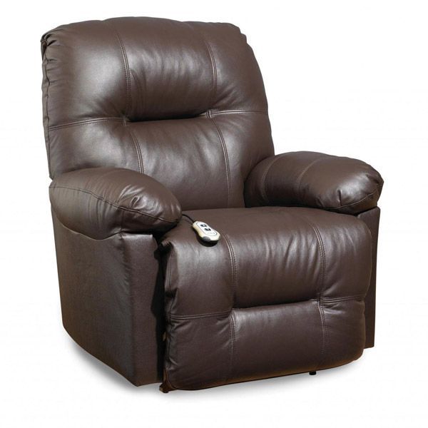 Brown leather recliner chair with a remote control on the seat, shown against a white background