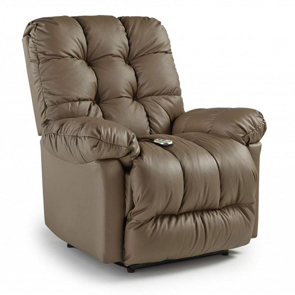 Brown cushioned recliner chair with padded armrests and footrest on a white background