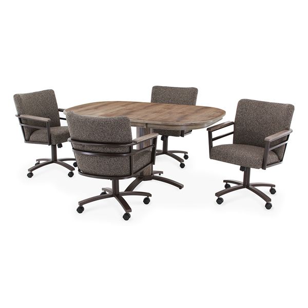 Brown conference table with four upholstered swivel chairs on a white background