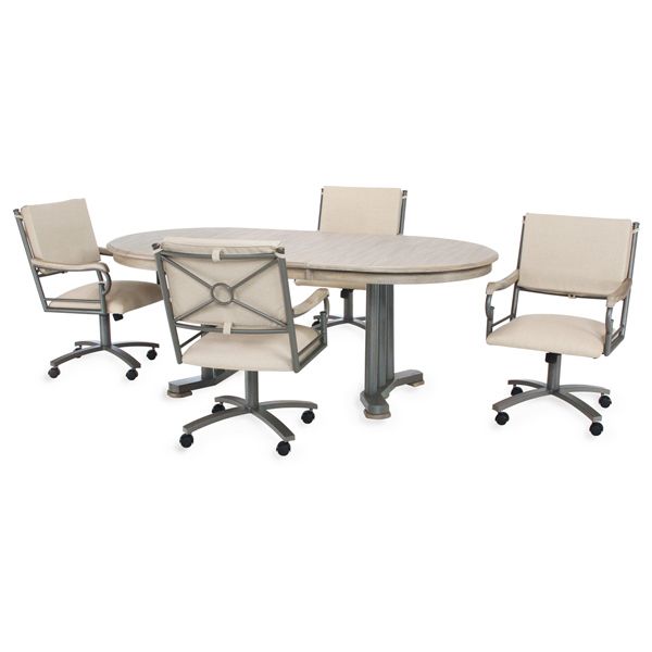 Round conference table with four beige rolling chairs on a white background