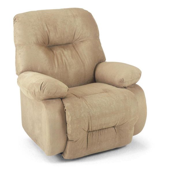 Beige upholstered recliner chair with padded arms and a tall cushioned back