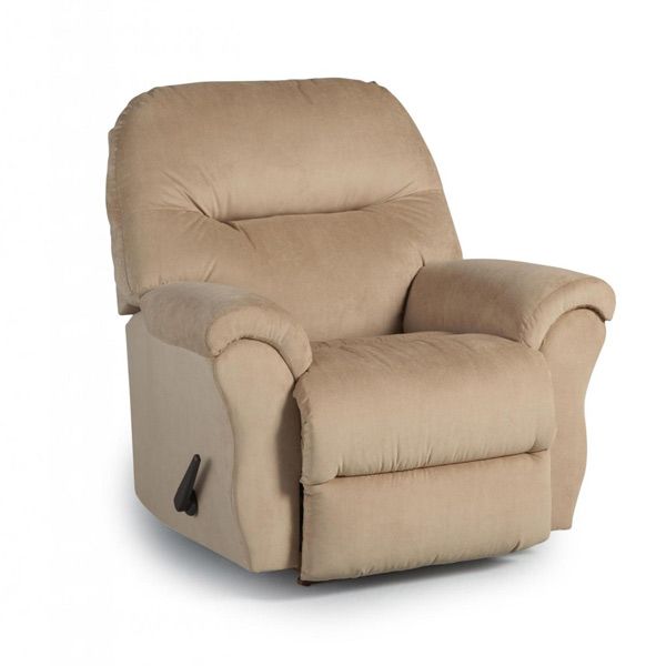 Beige upholstered recliner chair with padded arms and a footrest