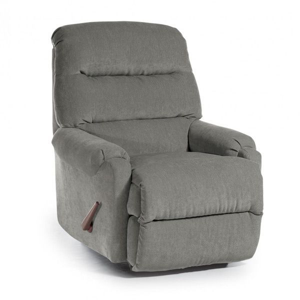 Gray upholstered recliner chair with padded back and armrests, shown on a white background