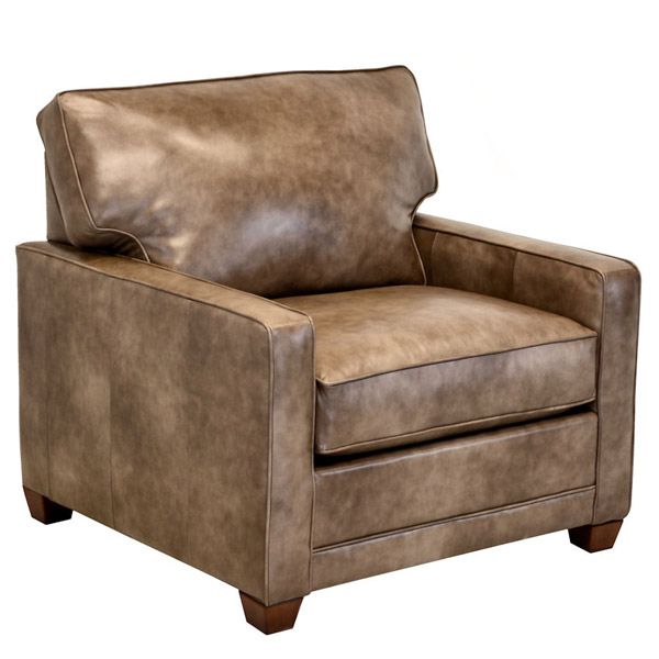 Brown leather armchair with padded back and seat on wooden legs
