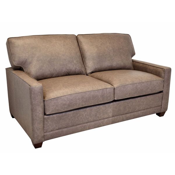 Brown two-seat sofa with cushioned back and arms on a white background