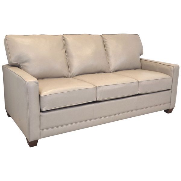 Beige three-cushion sofa with wooden legs on a white background