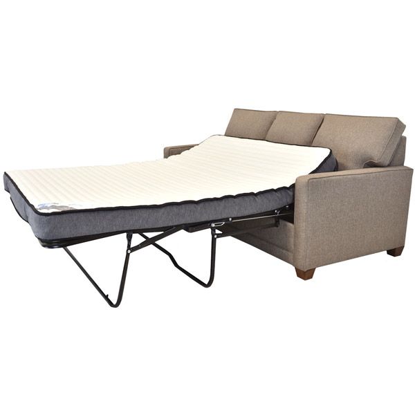 Beige sleeper sofa with a pull-out bed extended on a white background