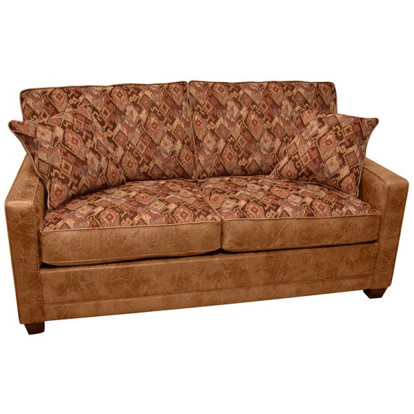 Brown patterned upholstered sofa with matching pillows