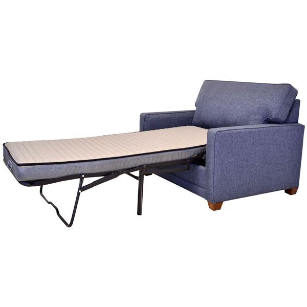 Blue upholstered sofa bed with pull-out mattress and black metal frame, shown open on a white background