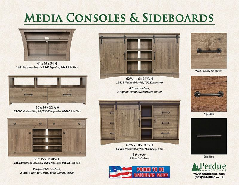 Catalog page of wooden media consoles and sideboards with multiple cabinet and drawer designs.