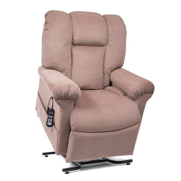 Beige recliner chair with cushioned back, armrests, and a side control panel