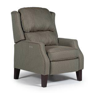 Brown upholstered armchair with dark wooden legs on a white background