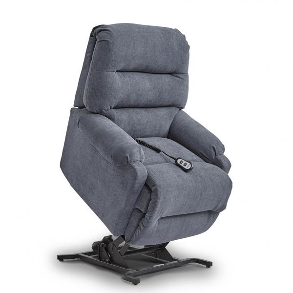 Gray power lift recliner chair on a black metal base
