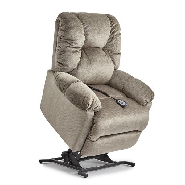 Beige upholstered recliner lift chair with side controls on a black metal base.