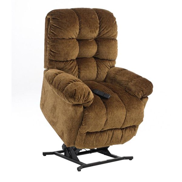 Brown plush recliner chair on a black metal swivel base