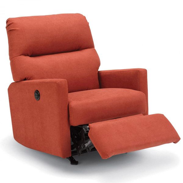 Orange recliner chair with footrest extended on a white background