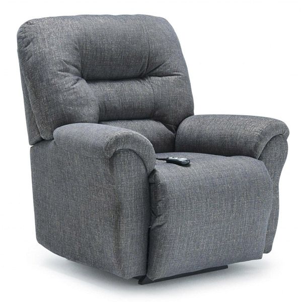 Gray upholstered recliner chair with a remote on the seat