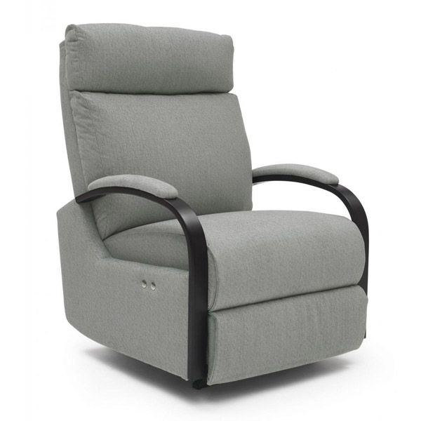 Gray upholstered recliner chair with black armrests and a tall padded back