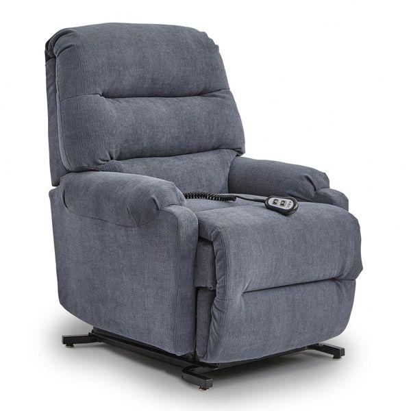 Gray upholstered reclining armchair with control remote and black base